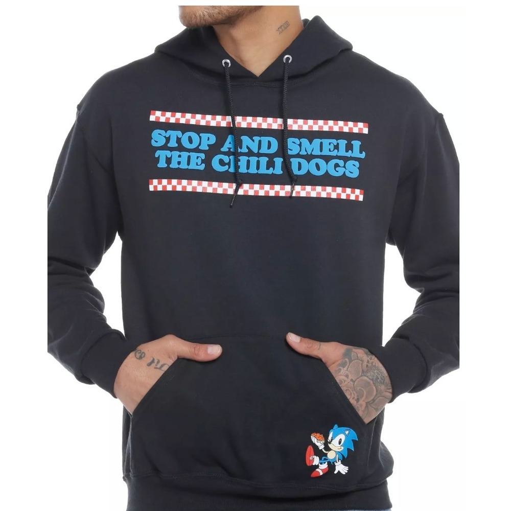 Sonic the Hedgehog Stop and Smell the Chili Dogs Graphic Hoodie Black Mens M
